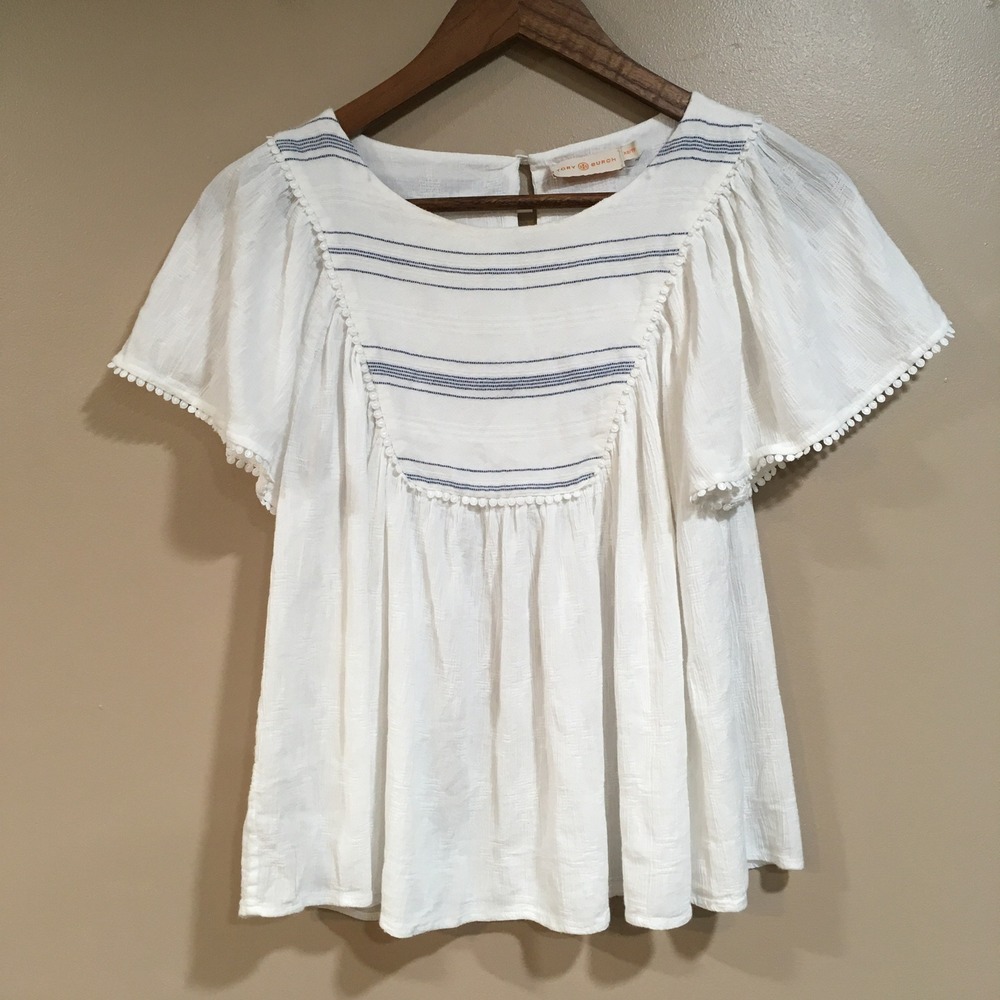 Tory Burch Flutter Sleeve Top Womens XS White Blue Coastal Boho Peasant Ethereal